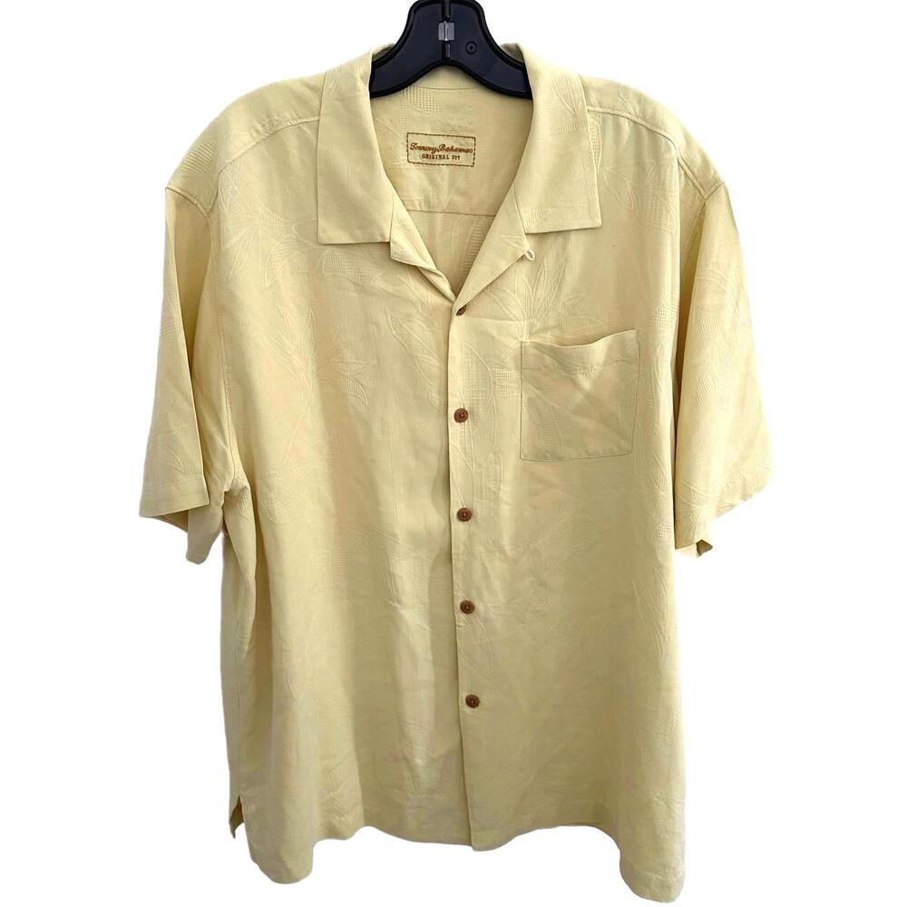 Tommy Bahama Original Fit Yellow 100% Silk Short Sleeve Shirt - XL